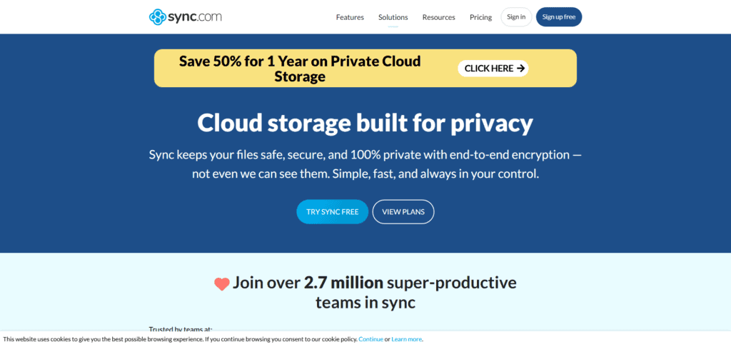 Cloud storage service emphasizing privacy, security, and encryption for safe file management.