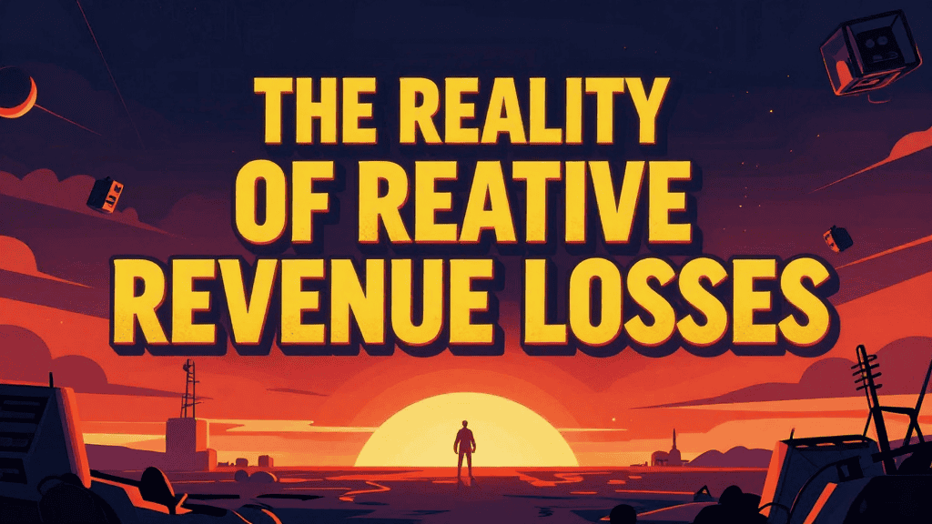 Illustration of creative revenue losses with sunset background and floating tech elements.