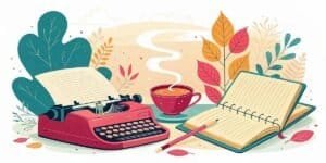 Creative workspace with typewriter, notebook, and coffee for side hustle ideas.