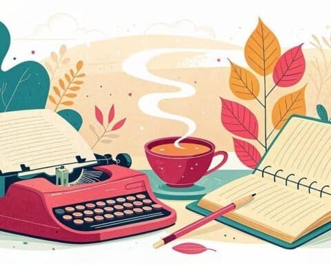 Creative workspace with typewriter, notebook, and coffee for side hustle ideas.