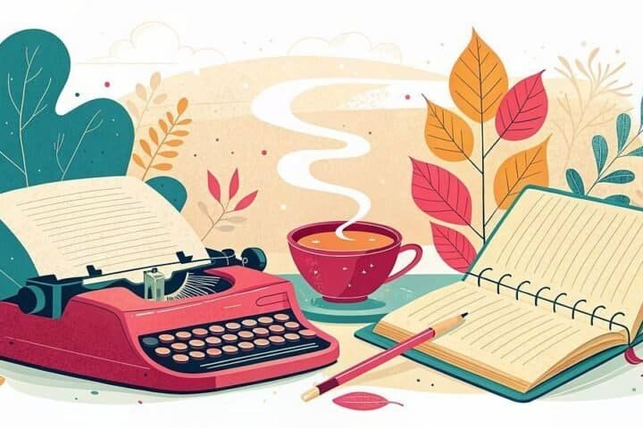 Creative workspace with typewriter, notebook, and coffee for side hustle ideas.