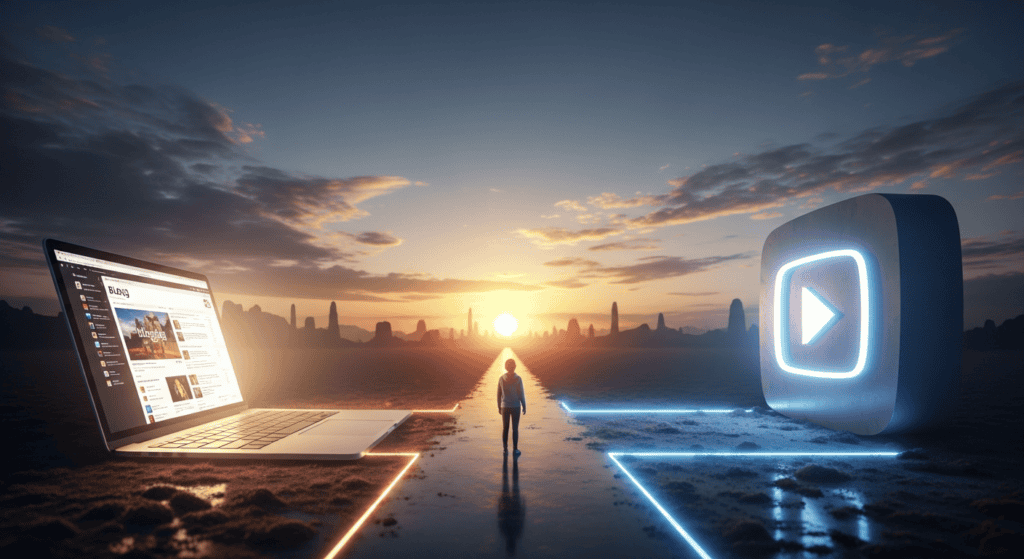 Digital workspace with laptop and media icons at sunset, inspiring side hustle success.