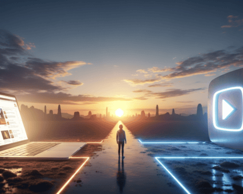 Digital workspace with laptop and media icons at sunset, inspiring side hustle success.