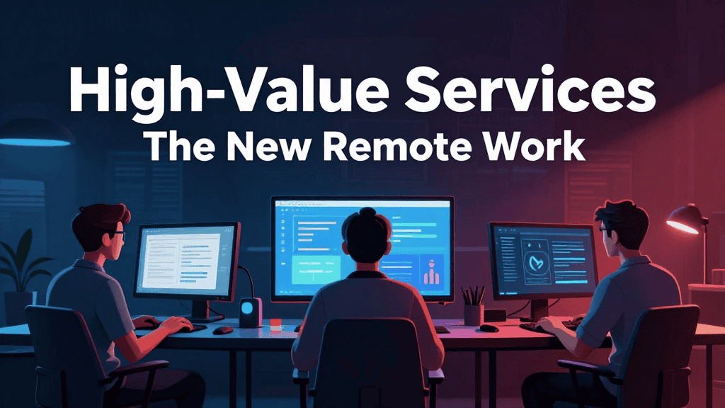 Three professionals working remotely on computers with high-value services.