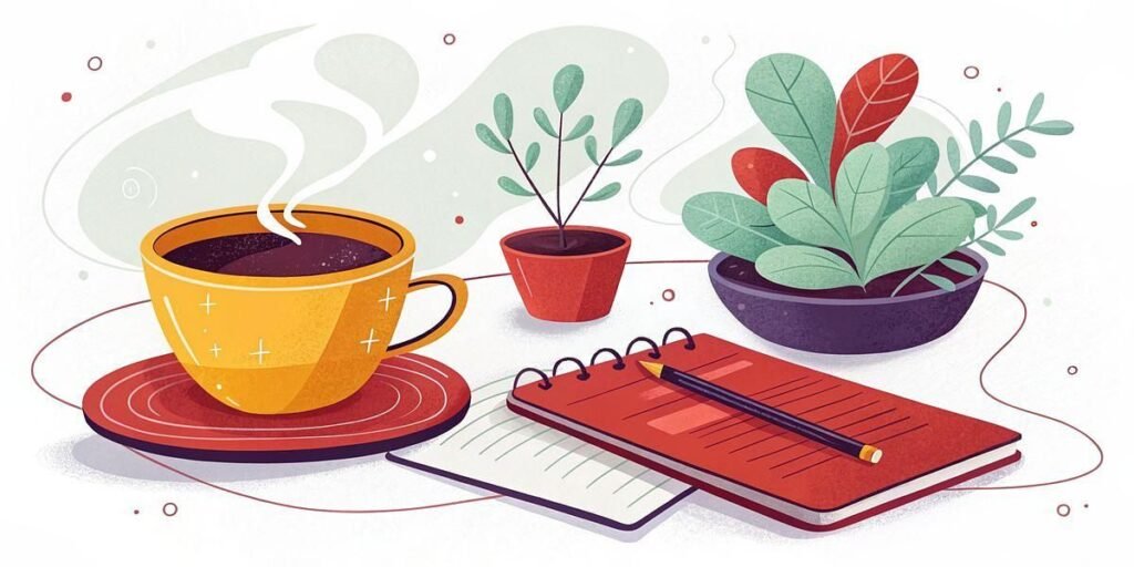 Illustration of a steaming cup of coffee on a saucer next to a spiral notebook with a pencil, a small notepad, and two potted plants on a table.