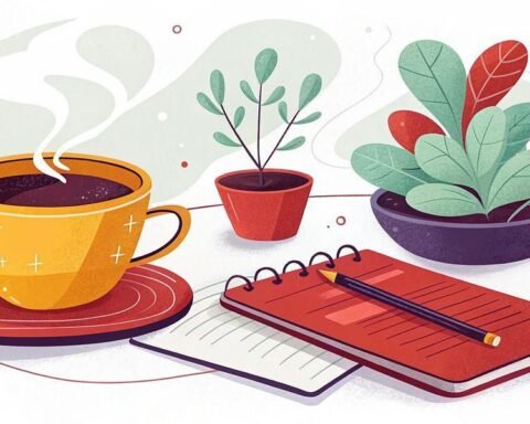 Illustration of a steaming cup of coffee on a saucer next to a spiral notebook with a pencil, a small notepad, and two potted plants on a table.