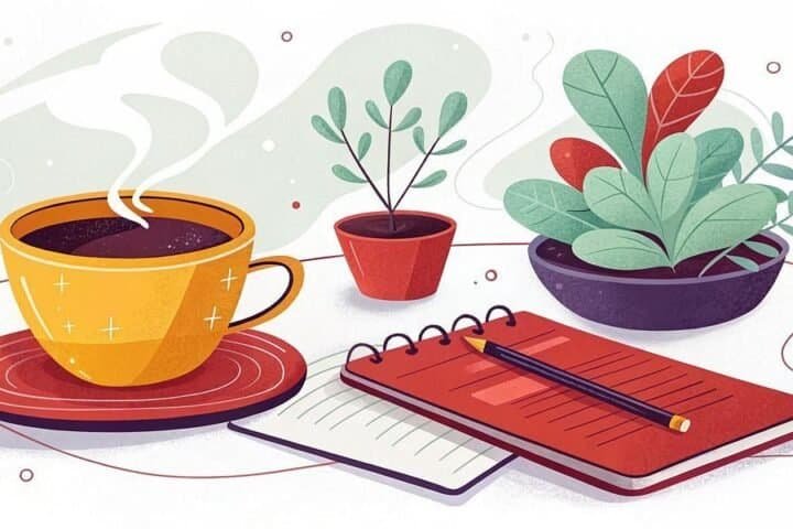 Coffee cup, notebook, and plants on a workspace for side hustle ideas.