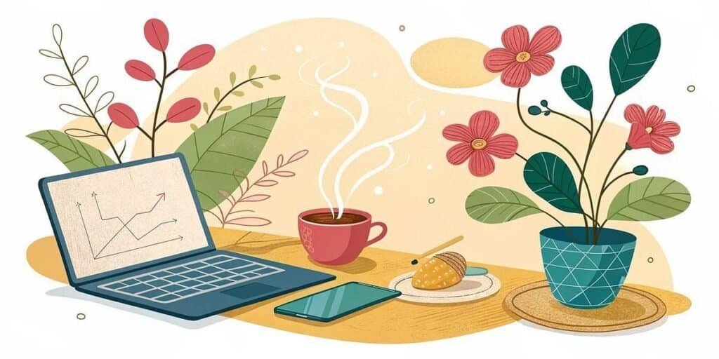 Cozy workspace with laptop, coffee, and plants for remote work.