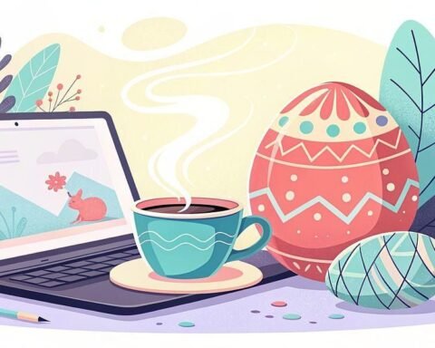 A laptop displaying a screen with a red rabbit beside a cup of coffee, a large decorated Easter egg, a smaller patterned egg, a pencil, and leafy plants in a pastel-colored setting.