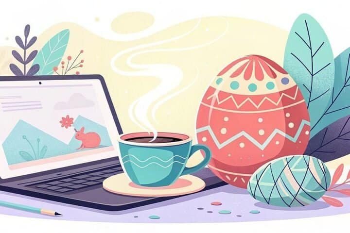 Illustration of a laptop, coffee, and decorative eggs for side hustle branding.