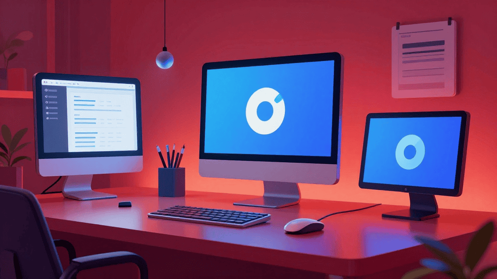 Modern workspace with multiple monitors showing digital marketing analytics.