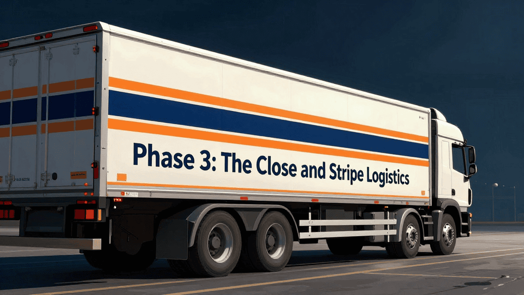 Logistics truck with "Phase 3: The Close and Stripe Logistics" text.