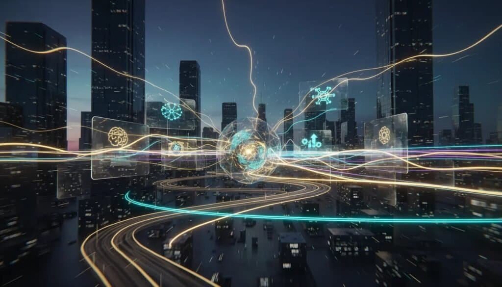 Futuristic cityscape with digital connectivity and smart infrastructure elements.