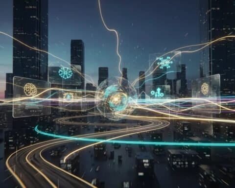 Futuristic cityscape with digital connectivity and smart infrastructure elements.
