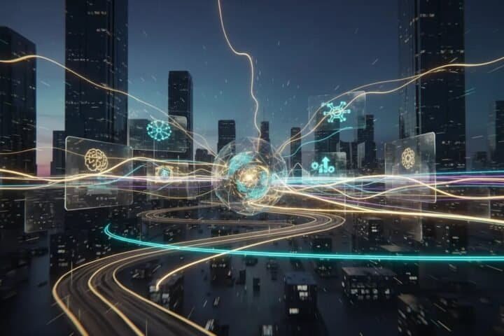 Futuristic cityscape with digital connectivity and smart infrastructure elements.