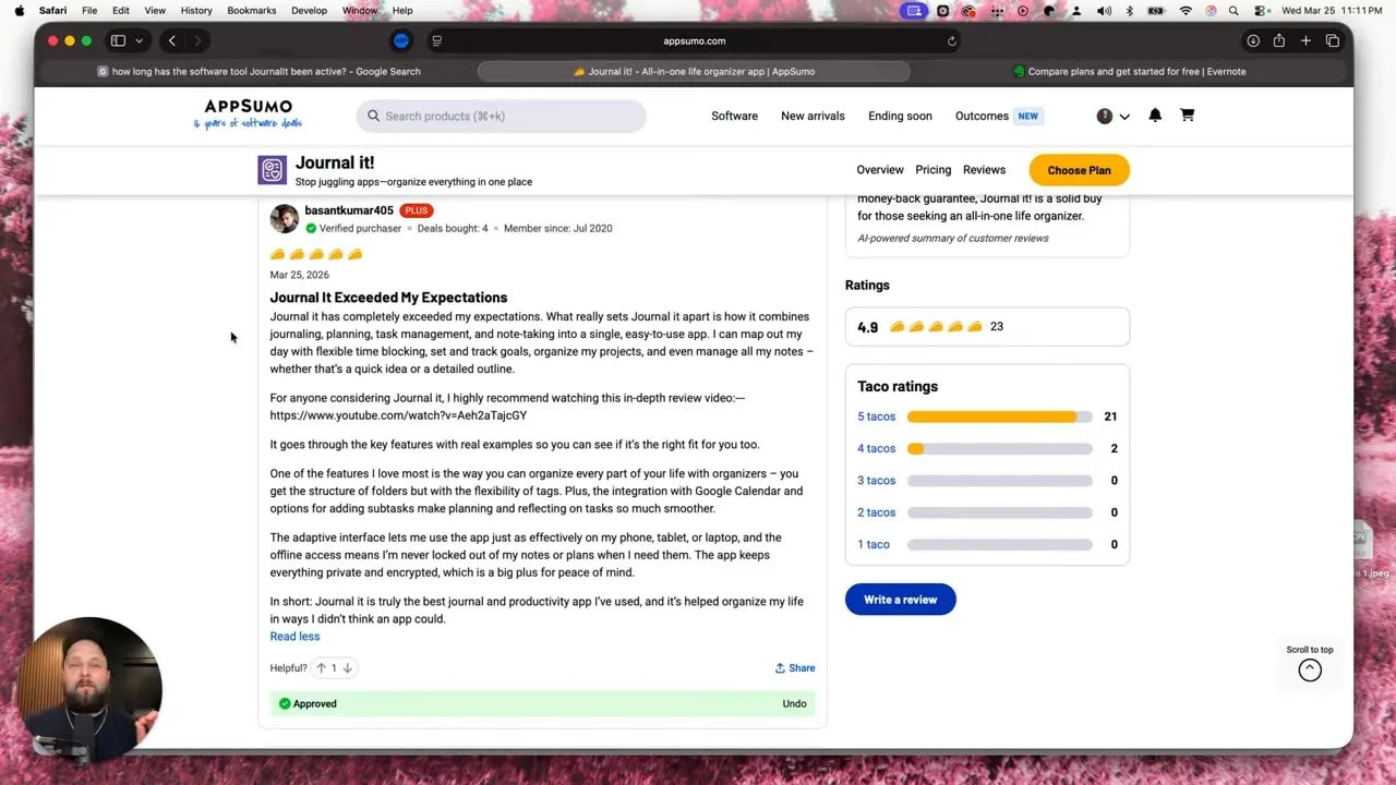 AppSumo page showing a Journal it! review with rating and user feedback