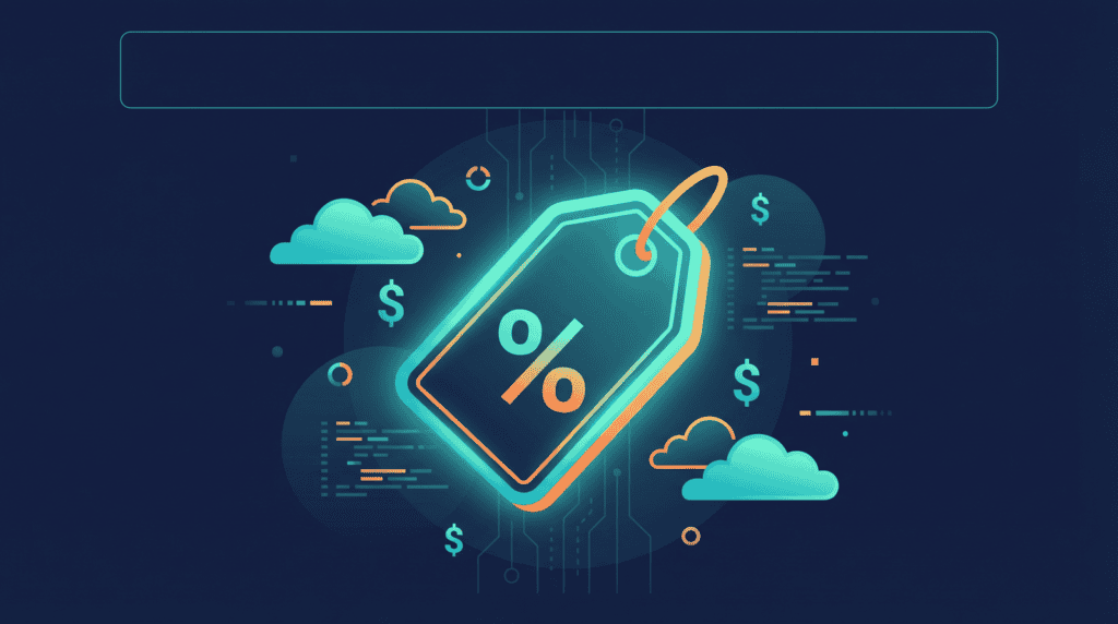 Digital discount tag with percentage symbol and clouds, representing savings and online deals.