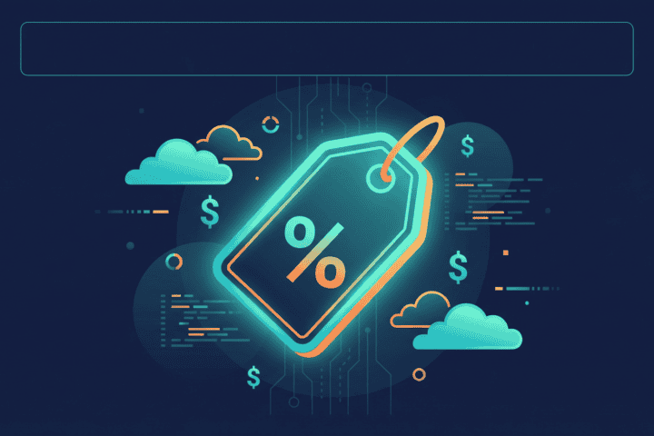 Digital discount tag with percentage symbol and clouds, representing savings and online deals.