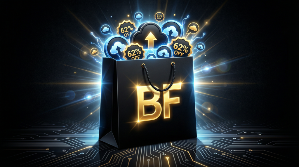 Digital cloud technology with "BF" logo and discount icons for side hustle success.