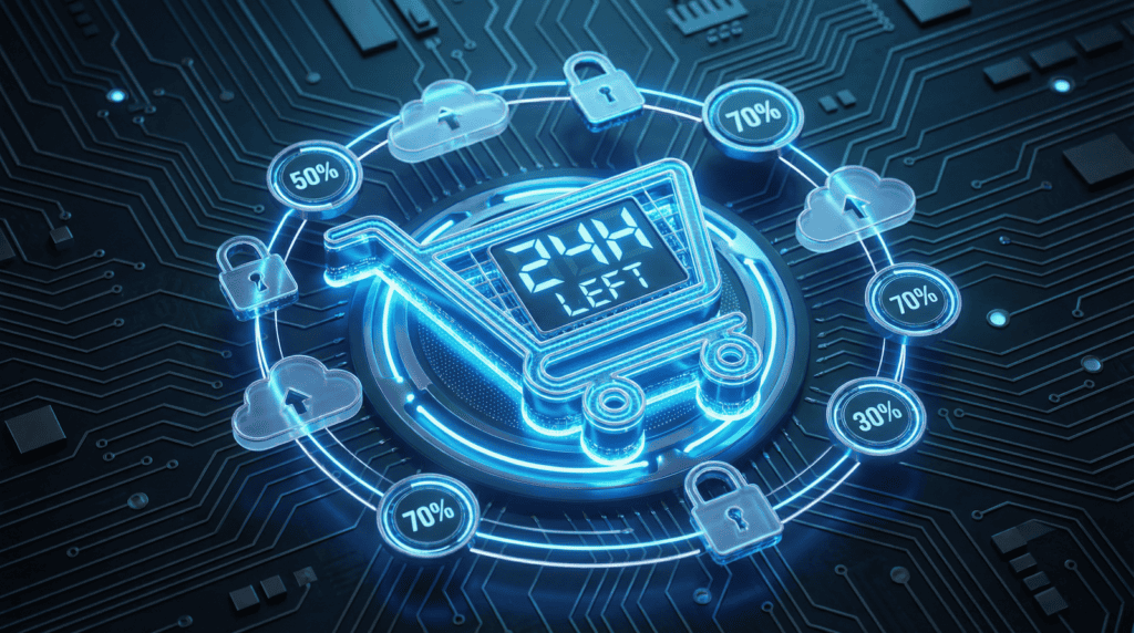 Digital stopwatch with cloud icons and security locks for time management.