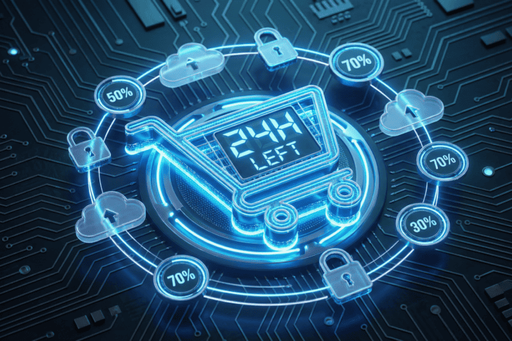 Digital stopwatch with cloud icons and security locks for time management.