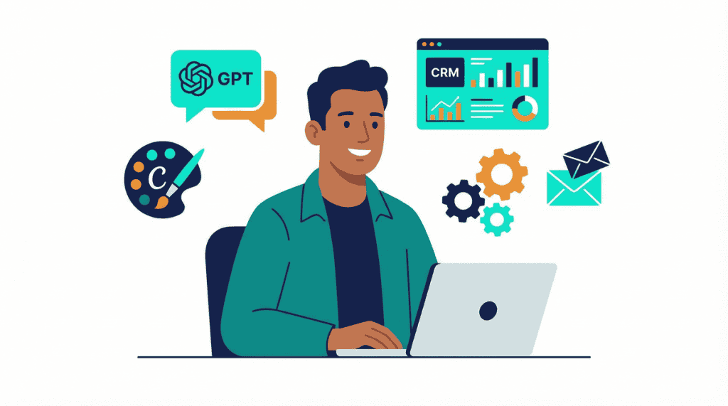 Man using laptop with digital marketing icons including GPT, CRM, and gears.