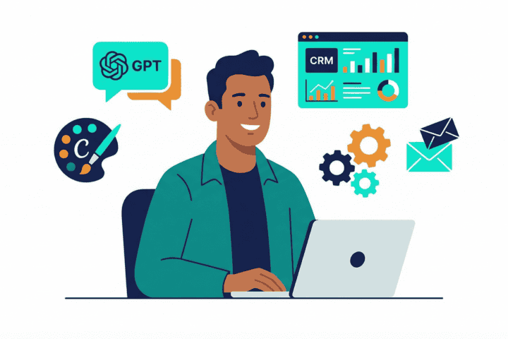 Man using laptop with digital marketing icons including GPT, CRM, and gears.