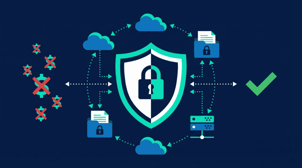 Digital security shield with lock, representing data protection and cybersecurity.