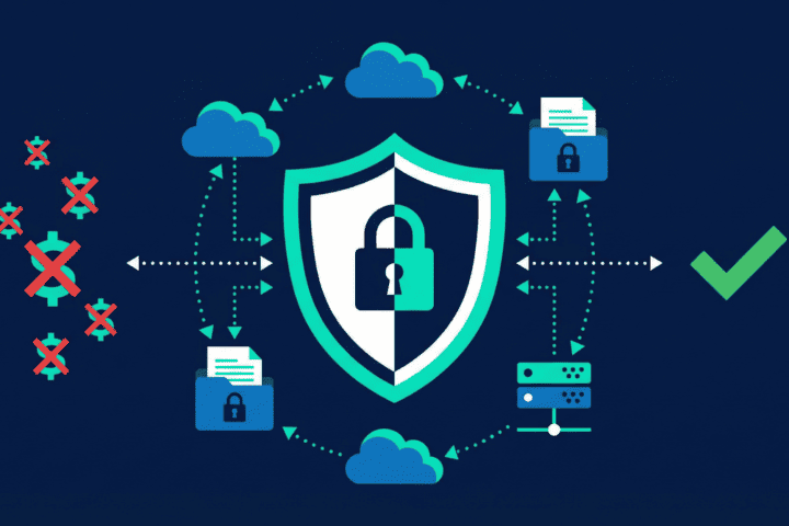 Digital security shield with lock, representing data protection and cybersecurity.