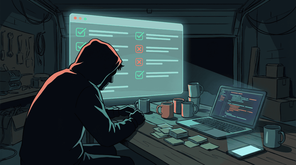 Person working on a side hustle project at a cluttered desk with a laptop and checklists.