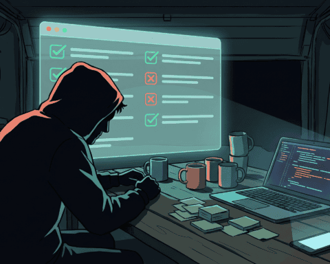 Person working on a side hustle project at a cluttered desk with a laptop and checklists.