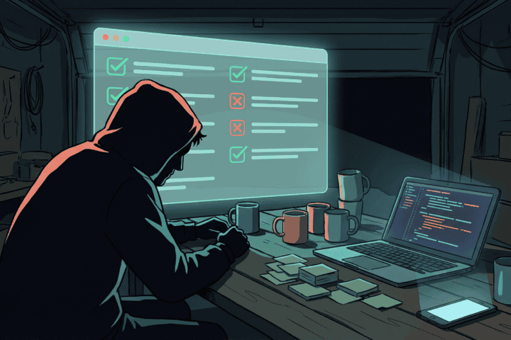 Person working on a side hustle project at a cluttered desk with a laptop and checklists.