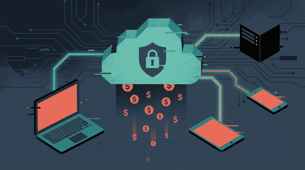 Cloud security concept with lock, laptop, and mobile devices connected.