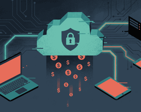 Cloud security concept with lock, laptop, and mobile devices connected.