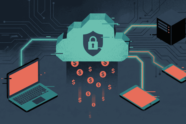 Cloud security concept with lock, laptop, and mobile devices connected.