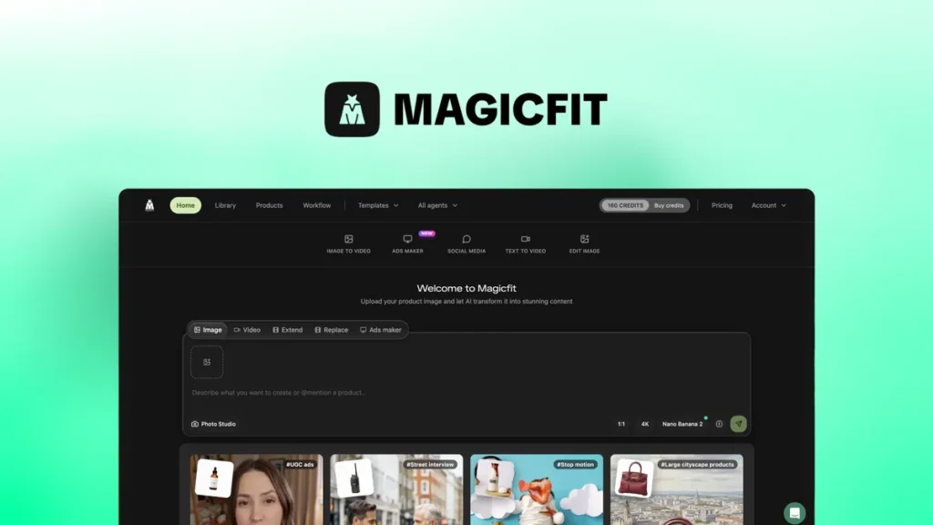 A computer screen displays the MagicFit website interface with a black header, menu tabs, and a content area showing various editing tools and image previews. The MagicFit logo is visible at the top on a green gradient background.