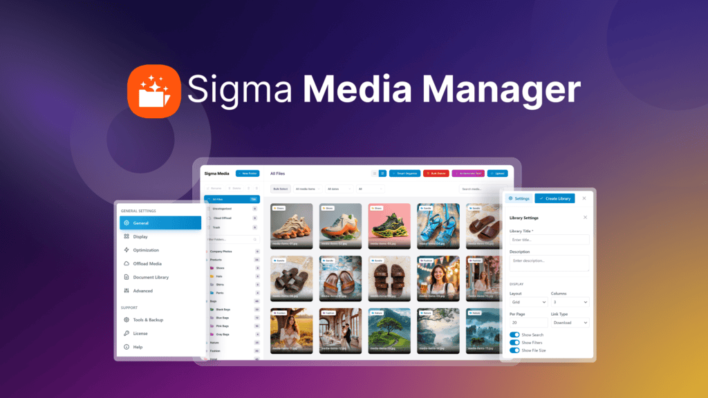 A digital interface for Sigma Media Manager is displayed, showing image thumbnails, sidebar settings, and a settings panel. The background features a gradient of purple and blue colors with the Sigma Media Manager logo and text at the top.