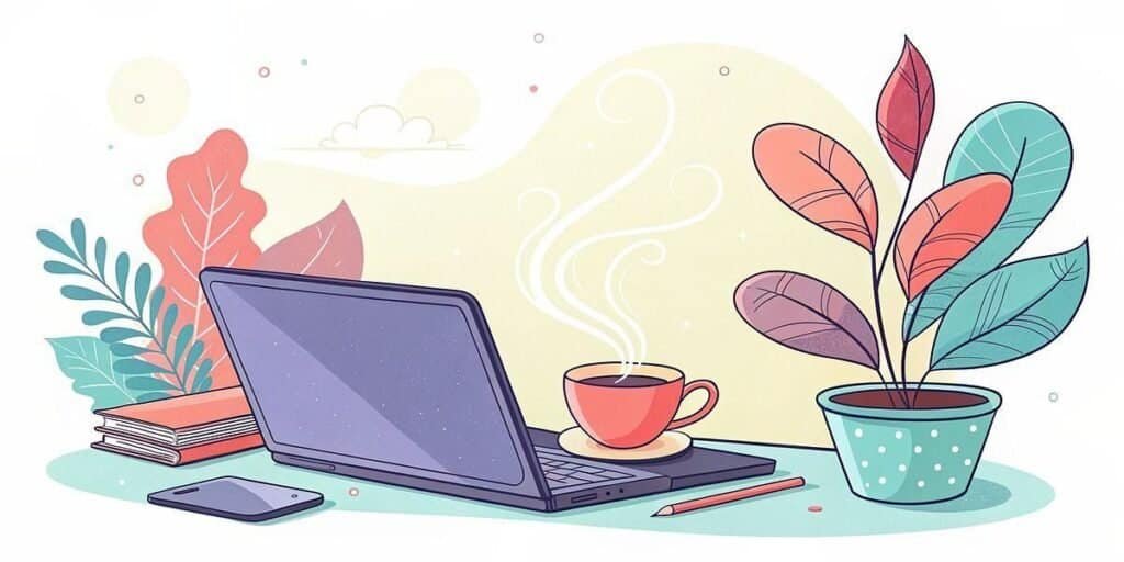 Laptop, coffee, and plants for productive side hustle workspace.