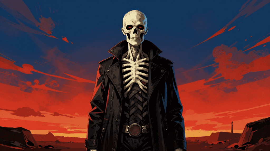 Skeleton in a leather jacket against sunset sky illustrating creator challenges in AI economy.
