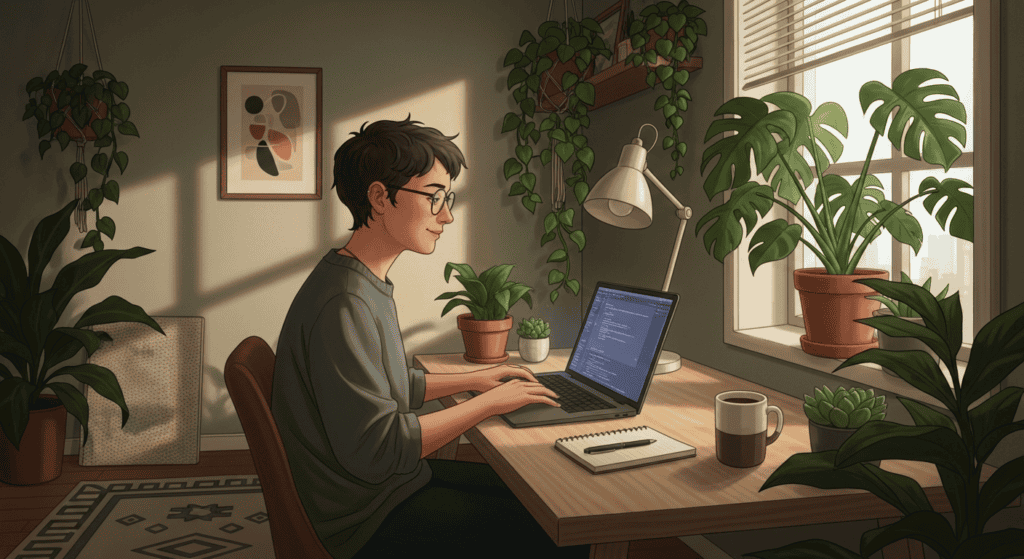 A young person working on a laptop in a cozy, plant-filled home office environment.