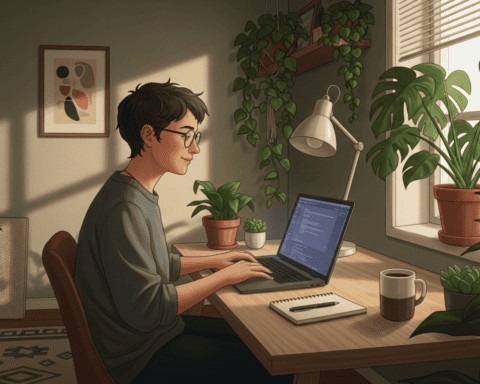 A young person working on a laptop in a cozy, plant-filled home office environment.