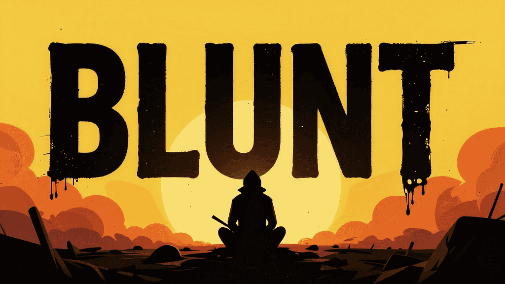 Person meditating at sunset with "Blunt" text in the background.