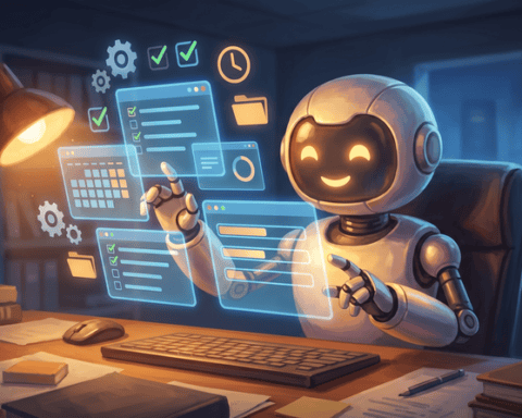 AI robot working on task management with digital interface.