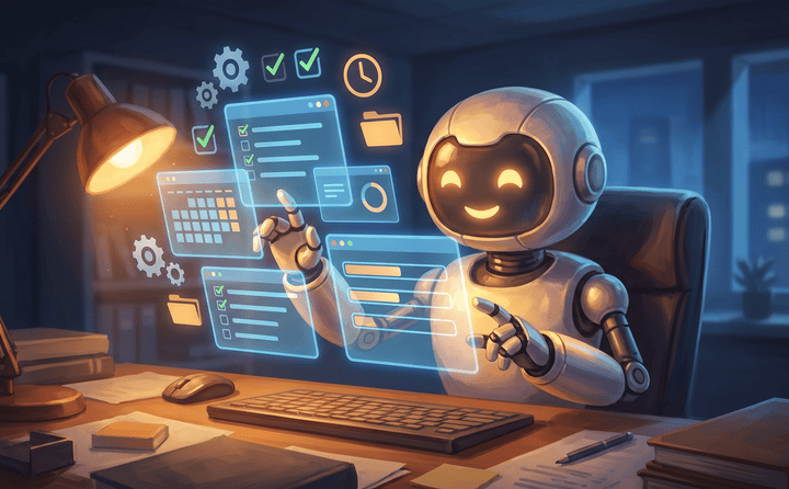 AI robot working on task management with digital interface.