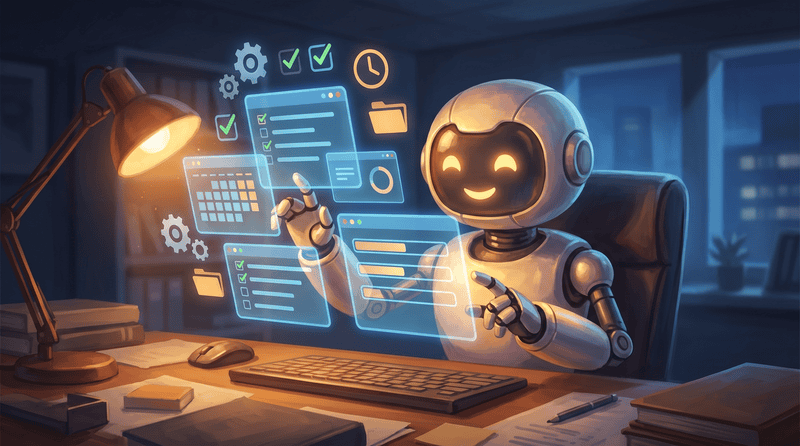 AI robot working on task management with digital interface.