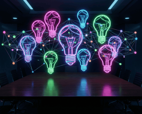 Neon light bulbs connected by digital lines symbolize creative ideas and innovation in a modern tech.