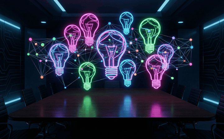 Neon light bulbs connected by digital lines symbolize creative ideas and innovation in a modern tech.