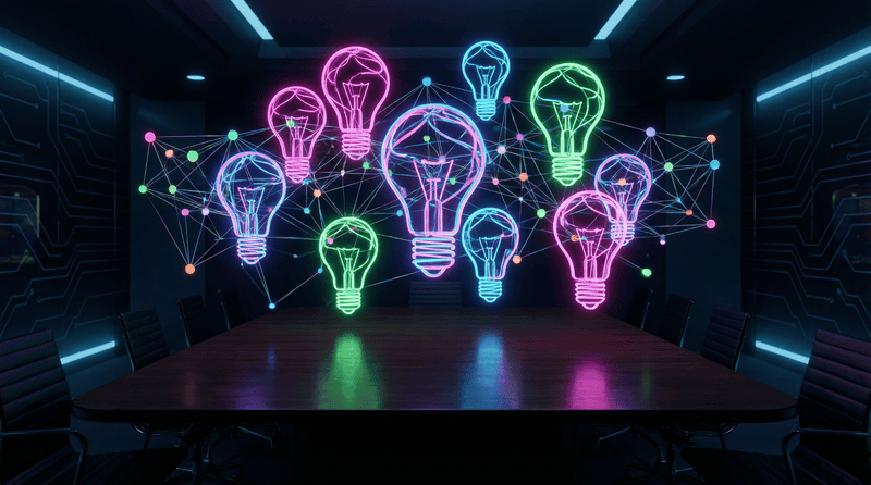 Neon light bulbs connected by digital lines symbolize creative ideas and innovation in a modern tech.