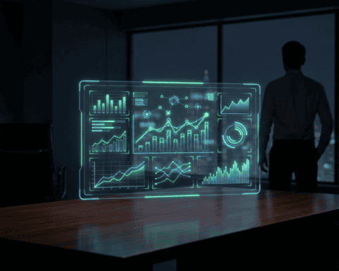 Futuristic digital data analytics interface with charts and graphs in a modern office setting.