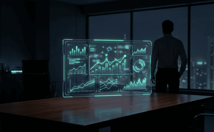 Futuristic digital data analytics interface with charts and graphs in a modern office setting.